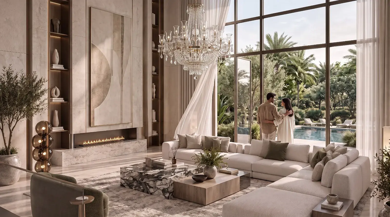 A living room opening onto a pool garden, a Krismar Realty luxury villa in Bengaluru